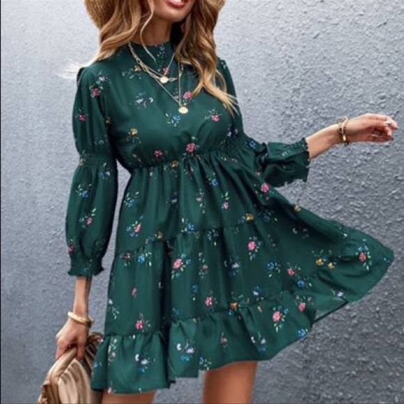 ZARA GreenPrint Mini Floral Dress Size S High Neck NWT. - Picture 4 of 10